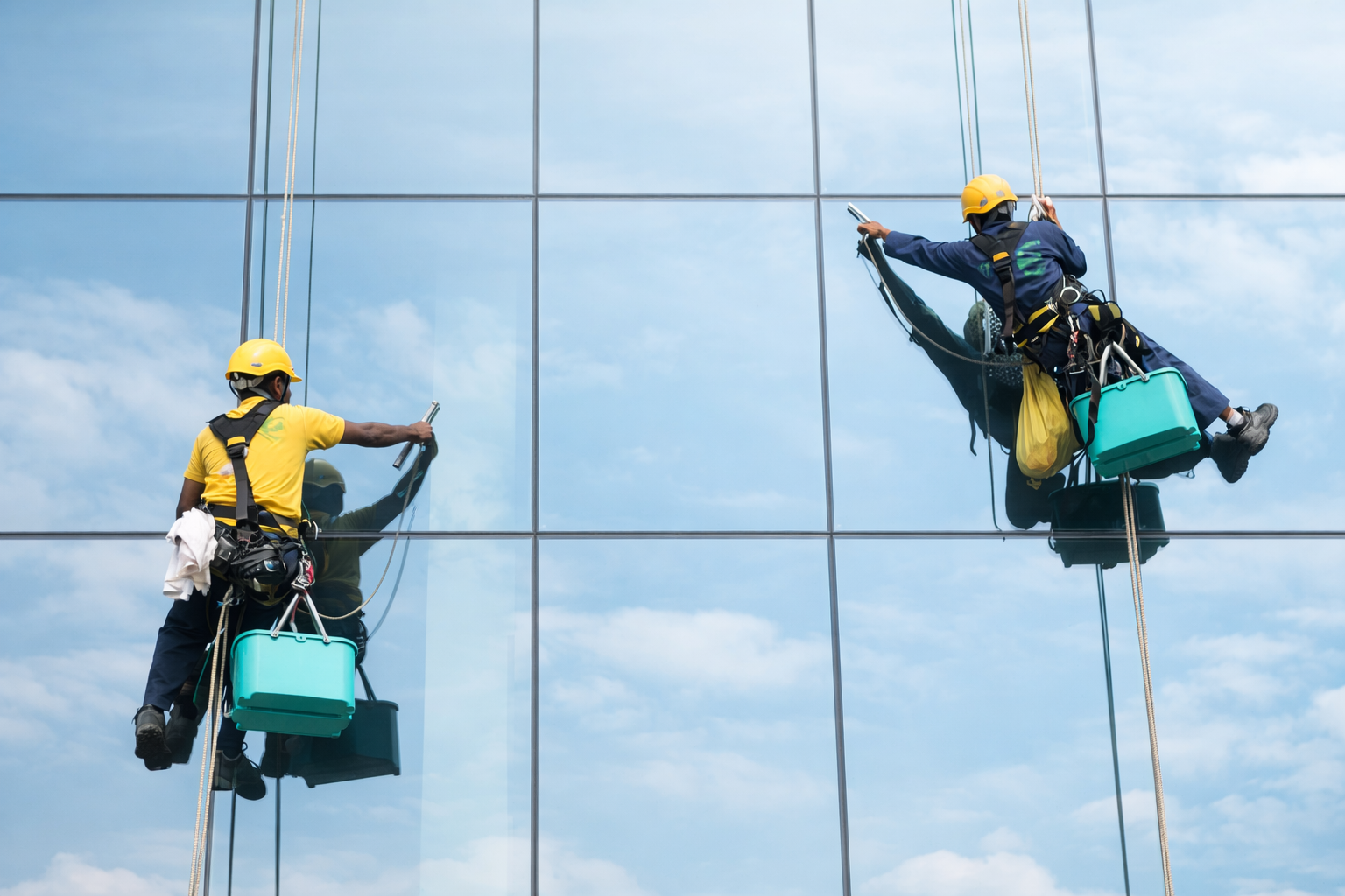 Window cleaner on ropes at height
